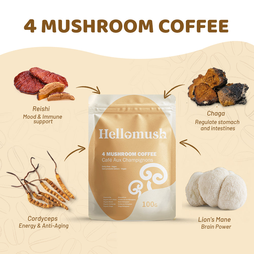 Organic Instant Mushroom Coffee – 4-Mushroom Blend – 100g, 28 Servings
