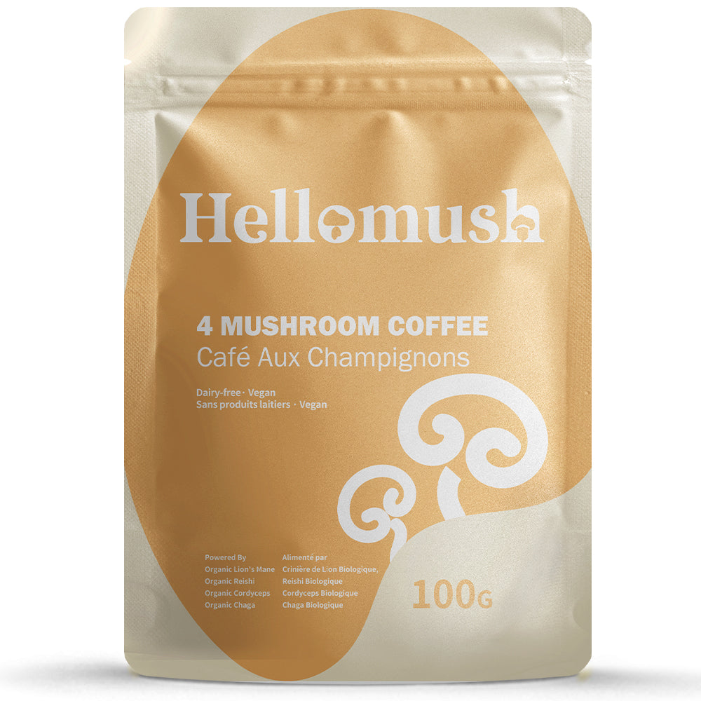 Hellomush Organic Instant Mushroom Coffee 100g pouch, front of pack