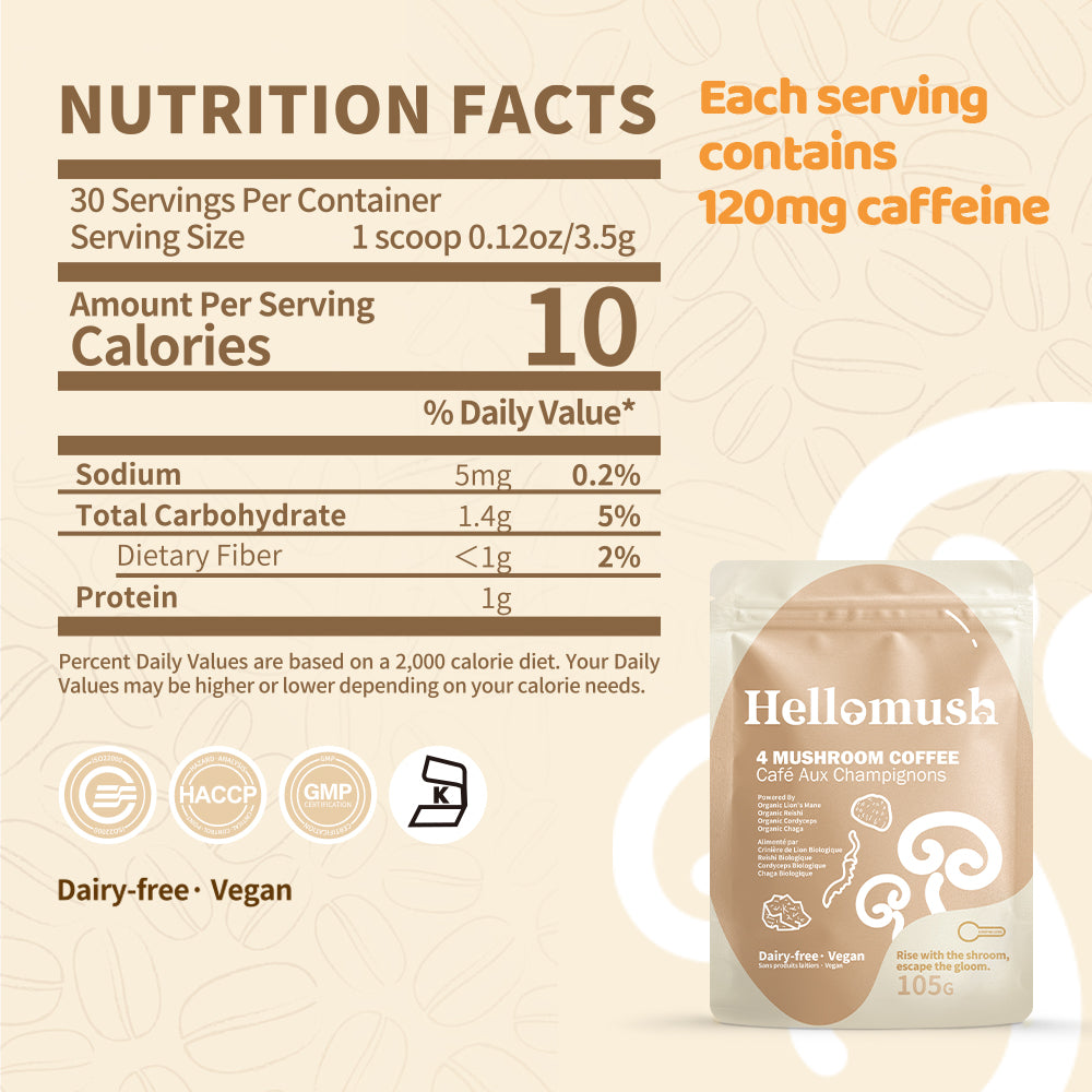 Organic Instant Mushroom Coffee – 4-Mushroom Blend – 105g, 30 Servings