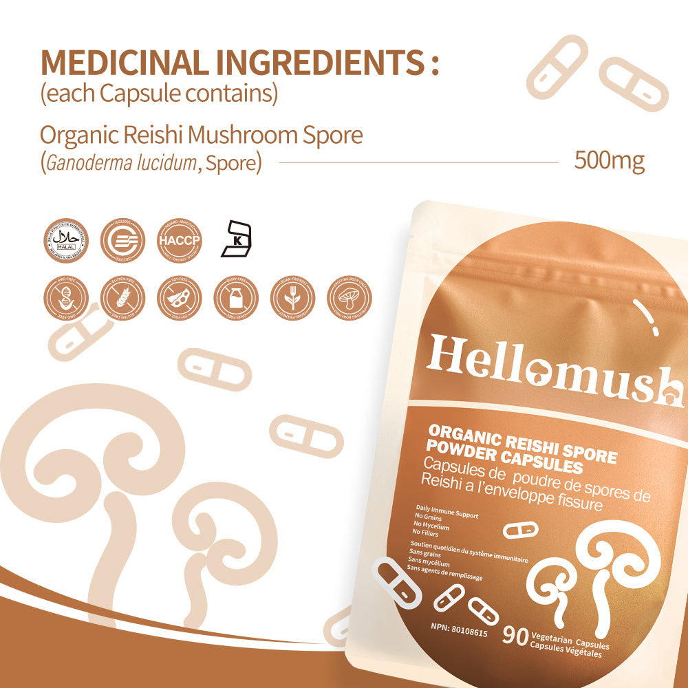 Hellomush Organic Reishi Spore Powder Capsules 90 Caps