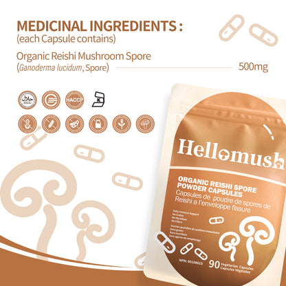 Hellomush Organic Reishi Spore Powder Capsules 90 Caps
