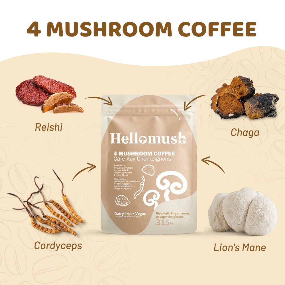 Hellomush Organic Instant Mushroom Coffee - Adaptogen Drink with Lion's Mane, Chaga, Reishi and Cordyceps, Alternative Substitute to Boring Plain Coffee 90 servings 315g