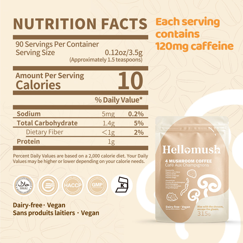 Hellomush Organic Instant Mushroom Coffee - Adaptogen Drink with Lion's Mane, Chaga, Reishi and Cordyceps, Alternative Substitute to Boring Plain Coffee 90 servings 315g