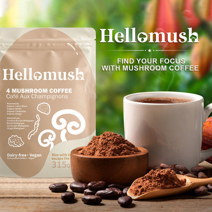 Hellomush Organic Instant Mushroom Coffee - Adaptogen Drink with Lion's Mane, Chaga, Reishi and Cordyceps, Alternative Substitute to Boring Plain Coffee 90 servings 315g
