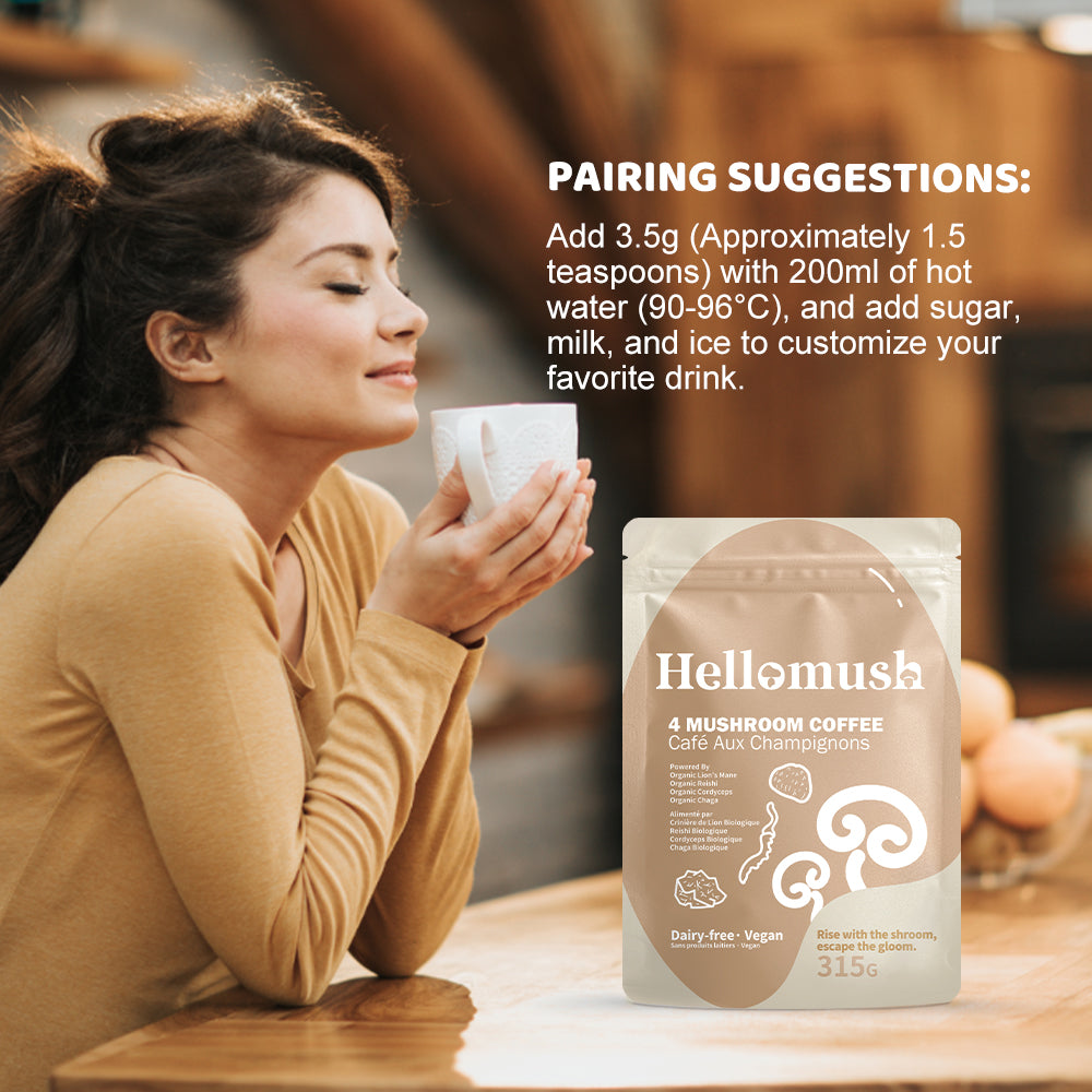 Hellomush Organic Instant Mushroom Coffee - Adaptogen Drink with Lion's Mane, Chaga, Reishi and Cordyceps, Alternative Substitute to Boring Plain Coffee 90 servings 315g