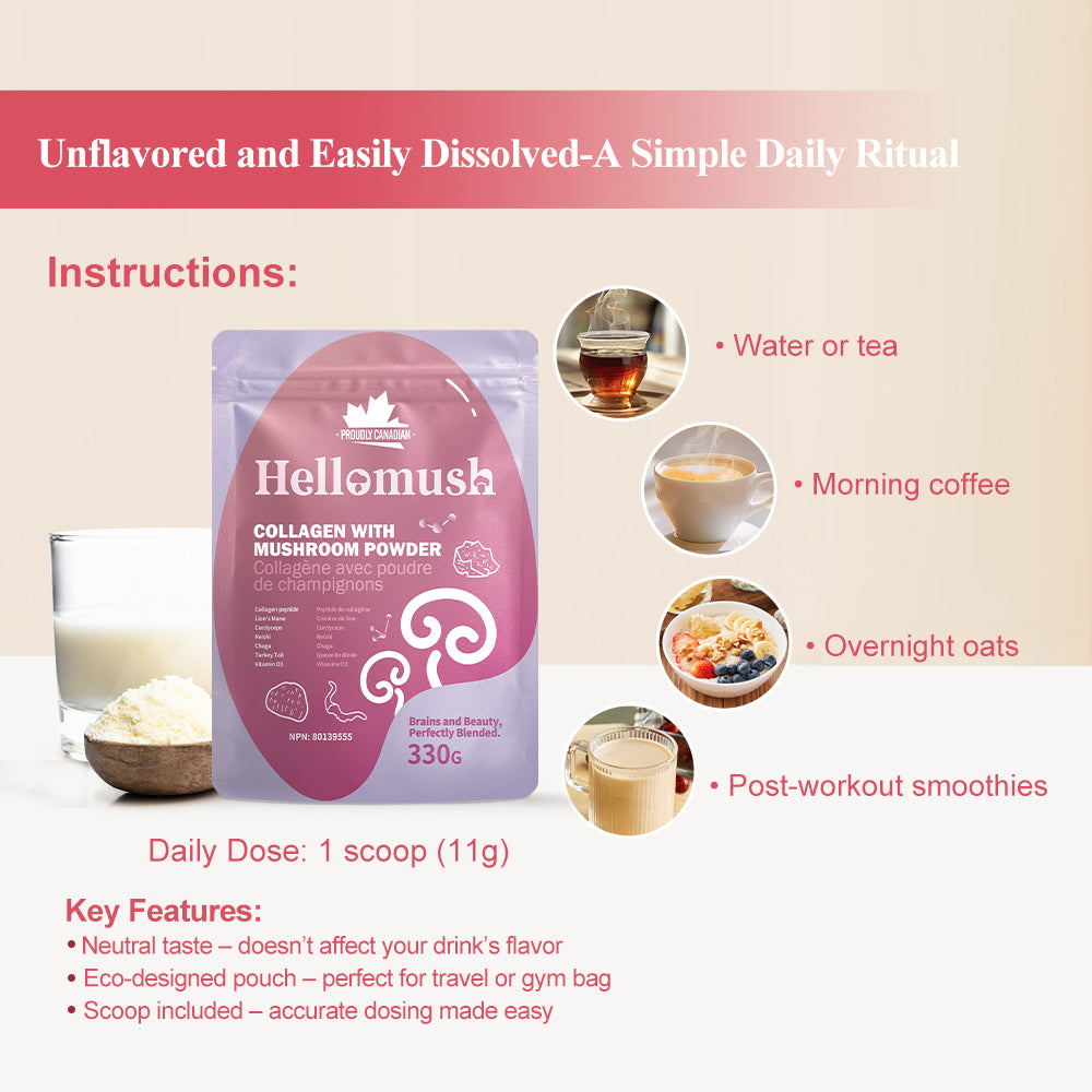 Hellomush Hydrolyzed Marine Collagen Peptides With Mushroom Complex Powder 330g