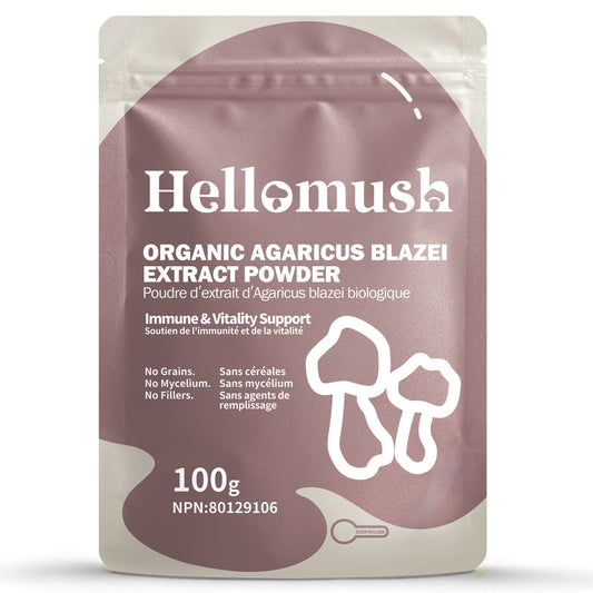Hellomush Premium Agaricus Blazei Mushroom Powder Supplement - 100% Pure Organic Agaricus Blazei Mushroom Extract Capsules - Immune System Support - Natural Energy Booster 100 grams