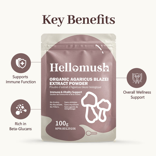 Hellomush Premium Agaricus Blazei Mushroom Powder Supplement - 100% Pure Organic Agaricus Blazei Mushroom Extract Capsules - Immune System Support - Natural Energy Booster 100 grams
