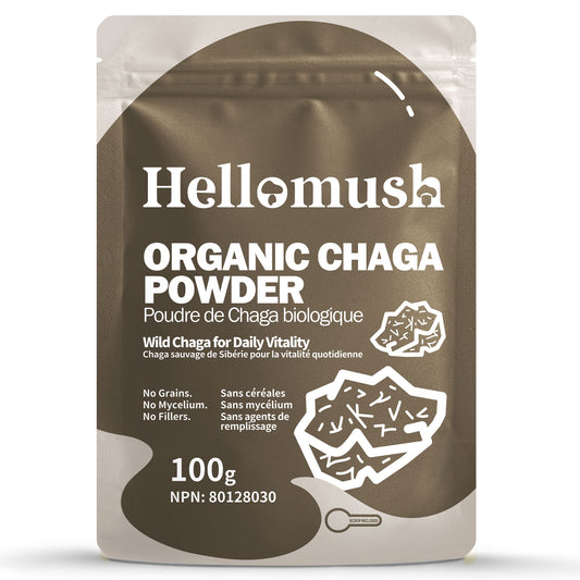 Hellomush Organic Chaga Mushroom Powder - 100% Pure Wild Harvested Superfood Extract for Immune Support - Natural Antioxidant for Tea, Smoothies and Coffee - 100 grams