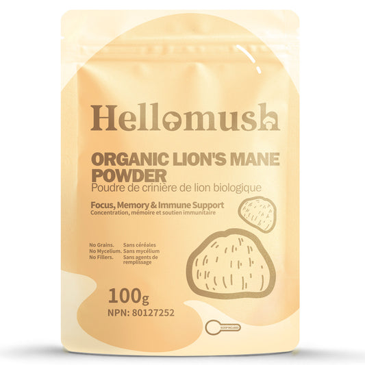 Hellomush Organic Lion's Mane Mushroom Powder - Premium Lions Mane Supplement for Cognitive Support - Pure Mushroom Supplements - Immune Booster Powder 100 grams