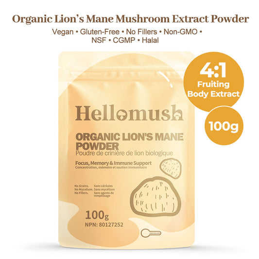 Hellomush Organic Lion's Mane Mushroom Powder - Premium Lions Mane Supplement for Cognitive Support - Pure Mushroom Supplements - Immune Booster Powder 100 grams