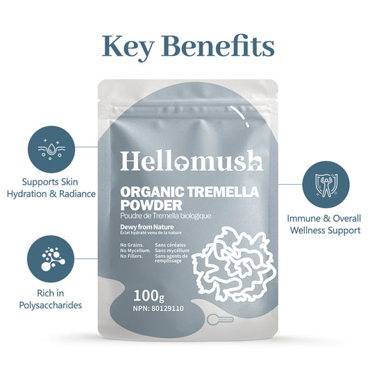 Hellomush Premium Organic Tremella Mushroom Supplement - 100% Pure White Fungus Extract Powder - Natural Beauty & Immune Support - Vegan Superfood for Skin Health